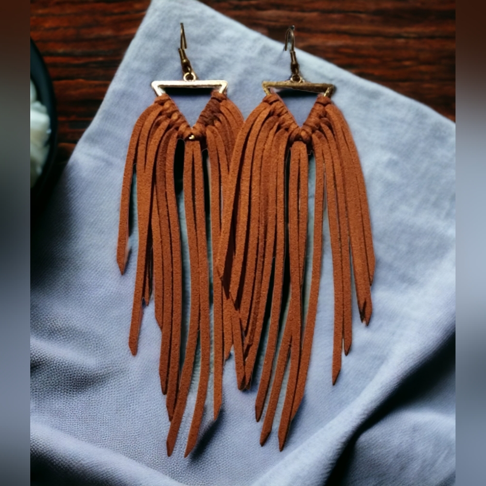 Fringed Suede Drop Earrings in Rust with Gold Accents